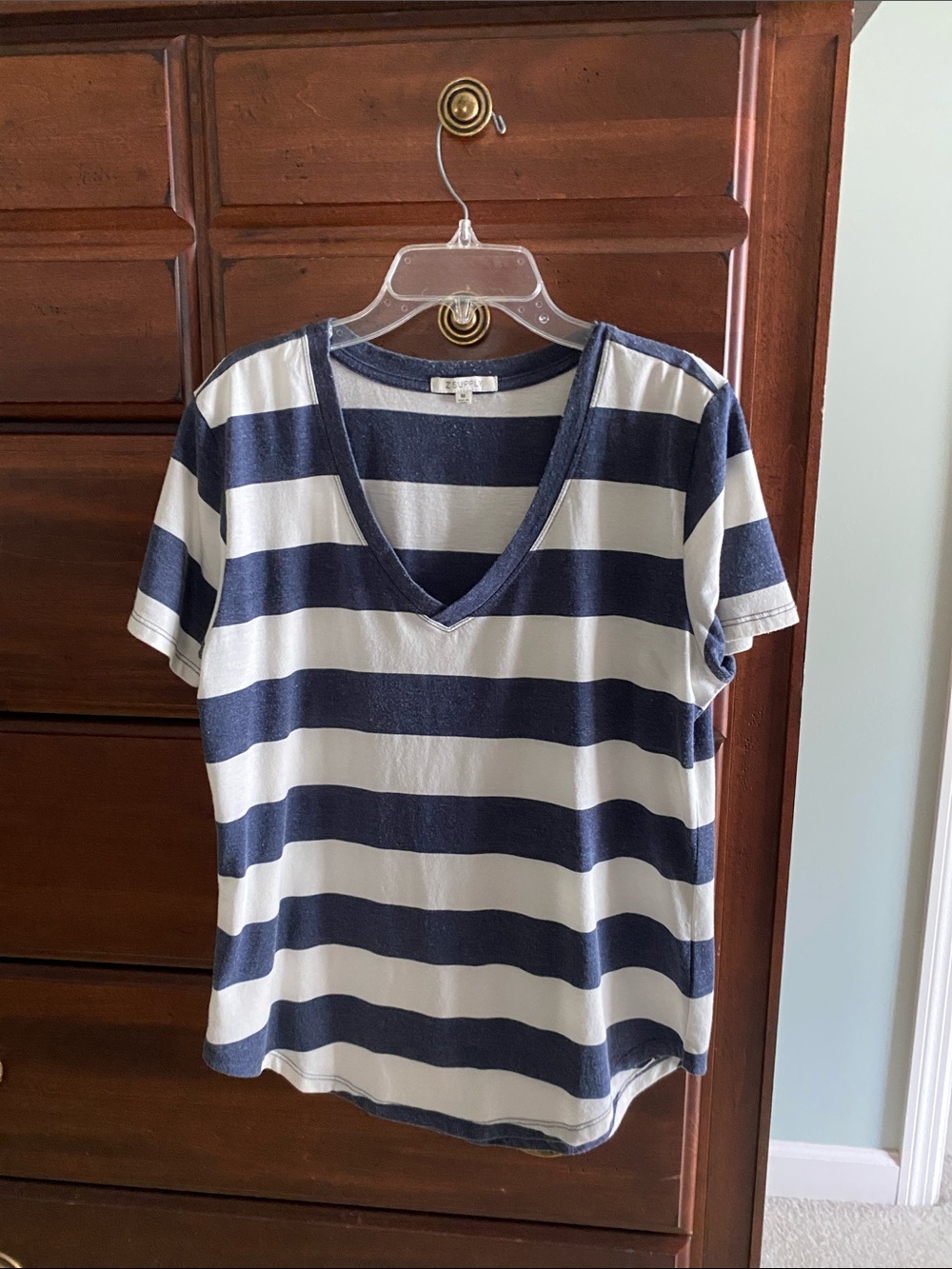 Z Supply Navy and White Striped V-Neck Tee